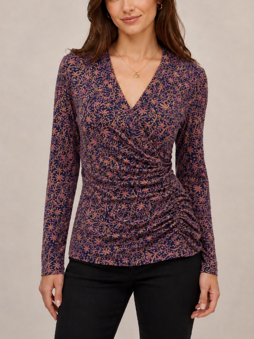 Peruvian Connection Floral Ruched Long Sleeve Top